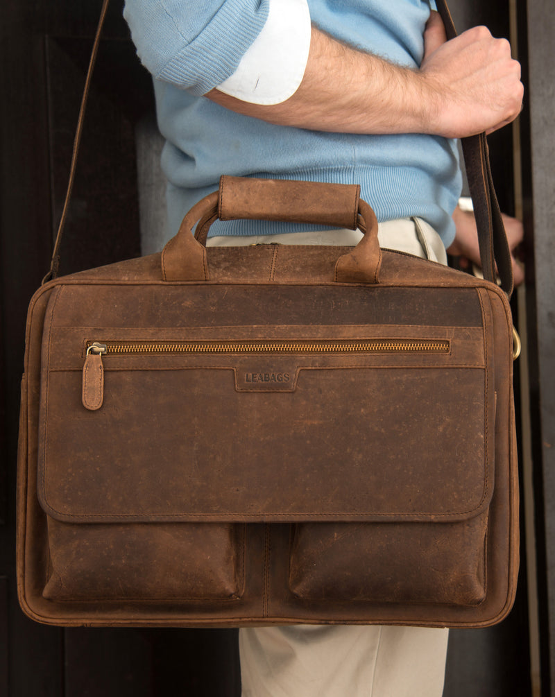 Leabags 'Dublin' Aktentasche Echt-Leder Umhängetasche Laptop 15 Zoll Schultertasche - LEABAGS